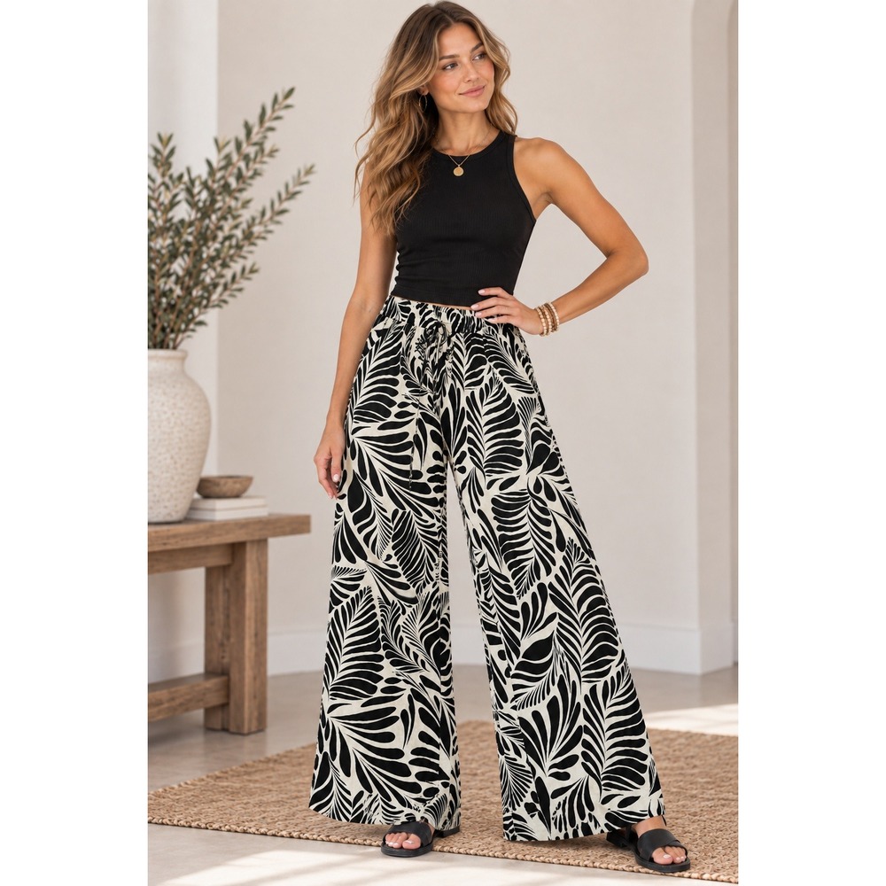 Boho Tropical Leaf Wide Leg Pants Women S Black Coastal Beach Festival Vacay NWT